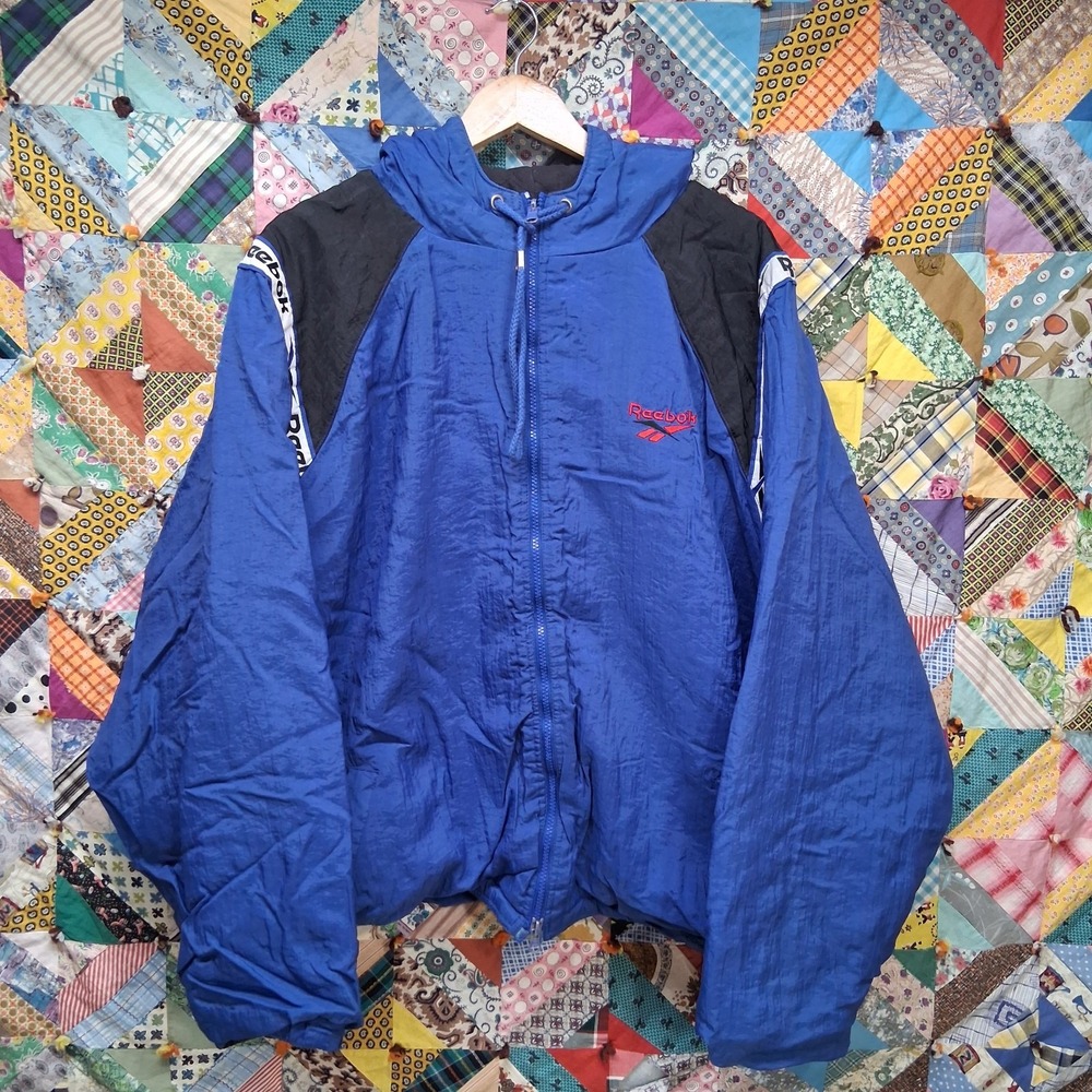 Vintage 90s Reebok Hooded Blue Jacket Full Zip Quilted Lining Embroidered Logo